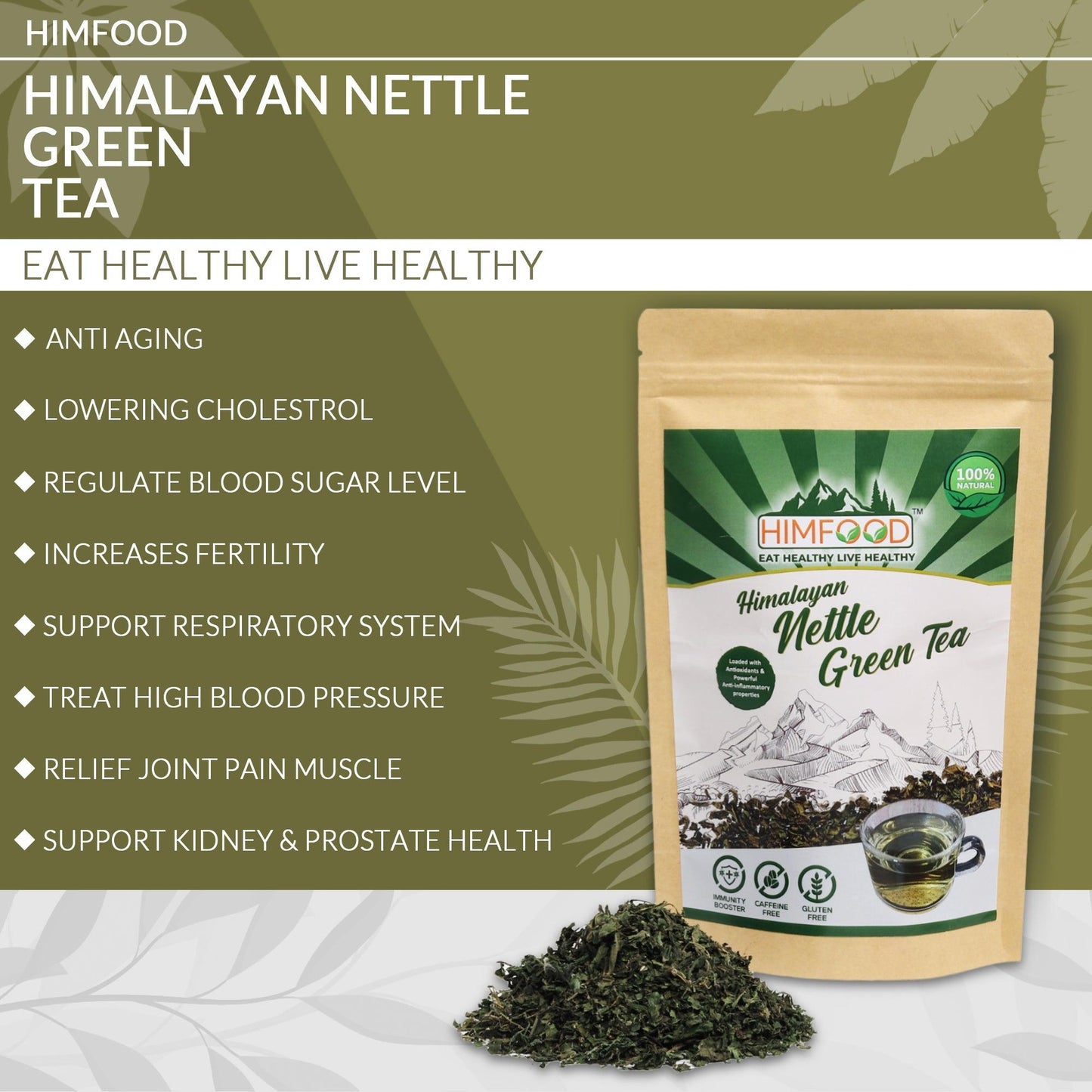 Himfood Himalayan Nettle leaf green tea helps with body & kidney detox-control blood sugar-healthy prostate-Raising Hemoglobin, Caffeine Free green Tea | 50 grams