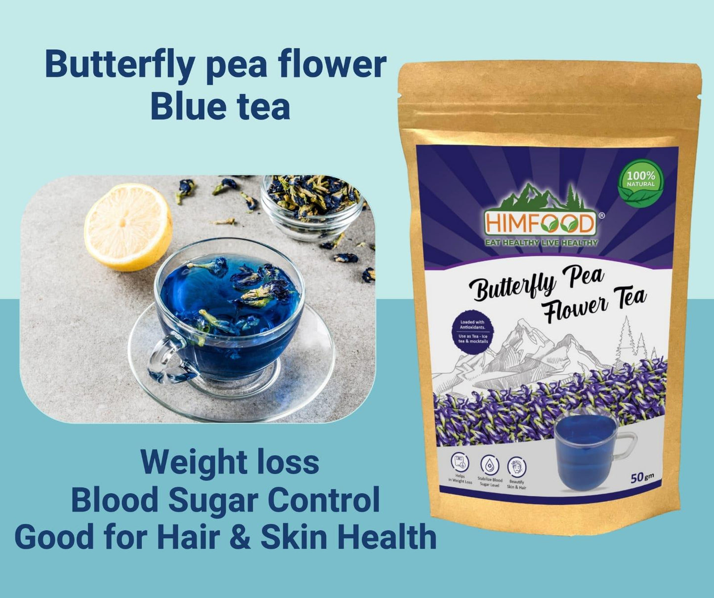 Himfood Dried Blue Butterfly Pea Flower Blue Herbal Tea-50 gram | ANTI-OXIDANT RICH | Herbal Tea - Caffeine Free - No Preservatives | Blue Detox Tea