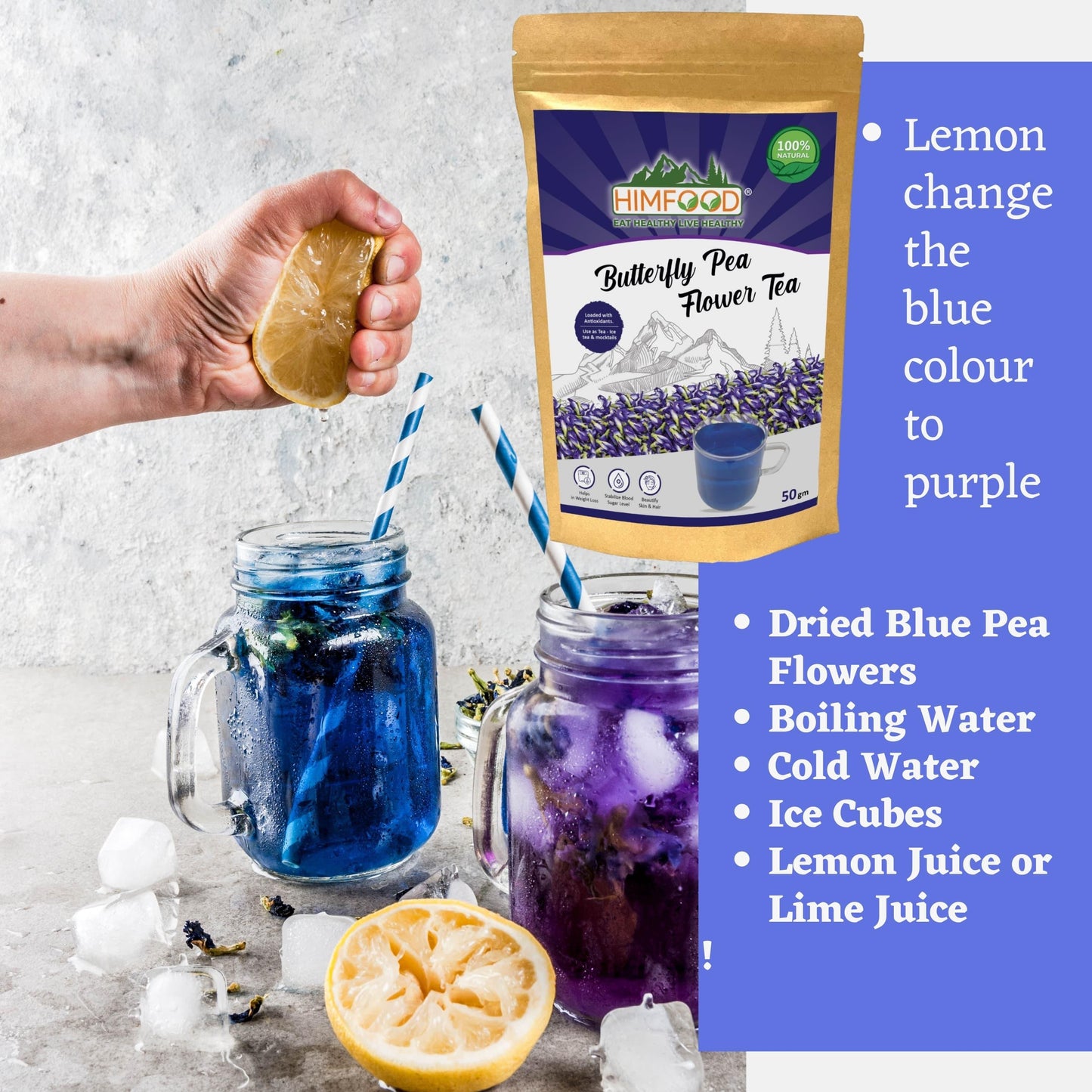 Himfood Dried Blue Butterfly Pea Flower Blue Herbal Tea-50 gram | ANTI-OXIDANT RICH | Herbal Tea - Caffeine Free - No Preservatives | Blue Detox Tea