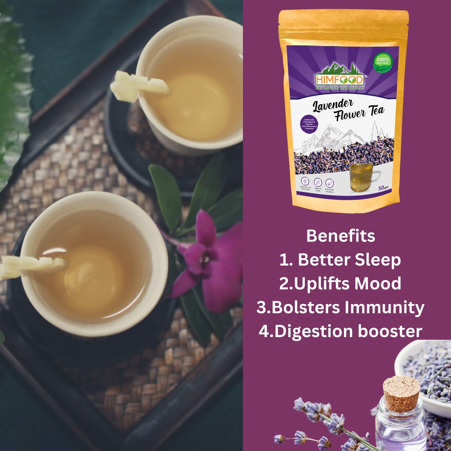 HIMFOOD Pure Organic Lavender Flower Tea 50g- 50 cups | FARMS OF KASHMIR | Sun Dried Flowers | Flavored Syrups & Cocktails