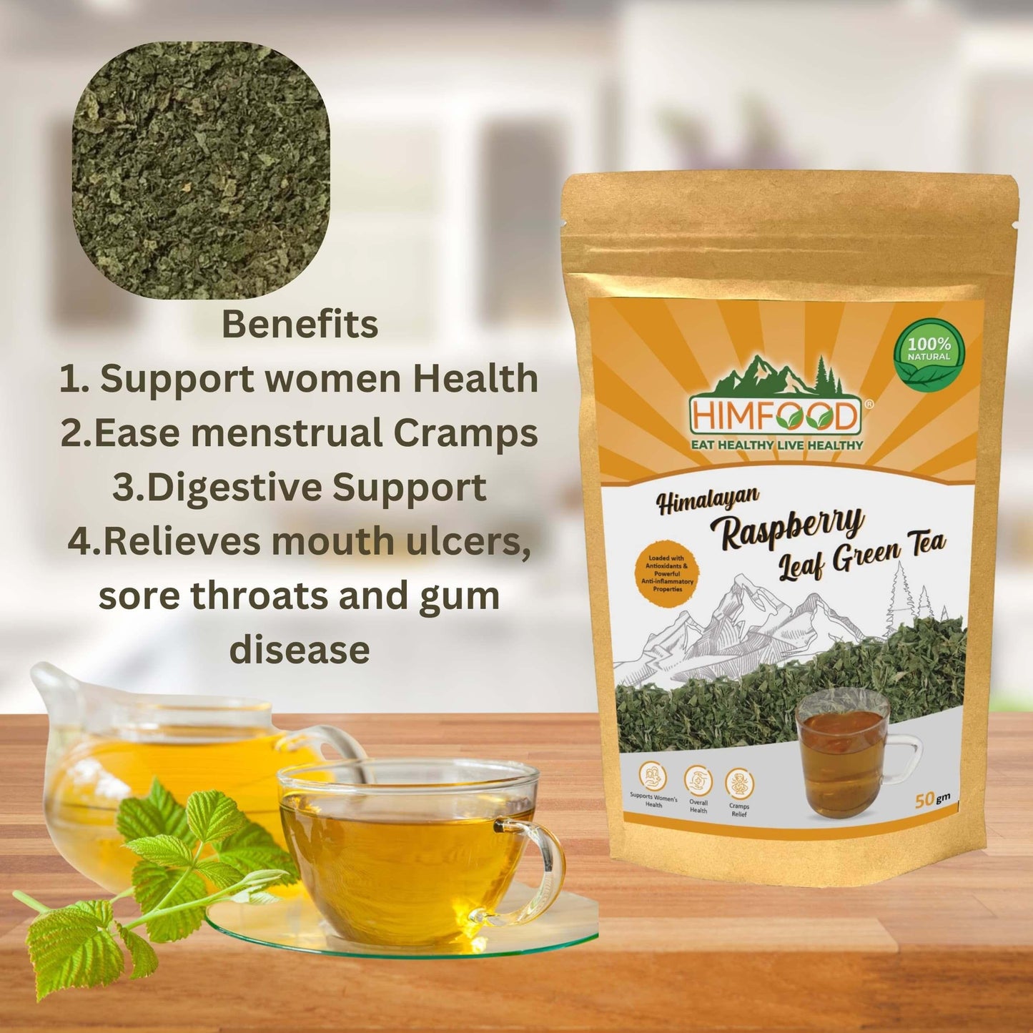 Himfood Himalayan Yellow Raspberry Leaf Green Tea - 50 Gm | Caffeine Free Yellow Raspberry Tea For Pregnancy And To Supports The Female System