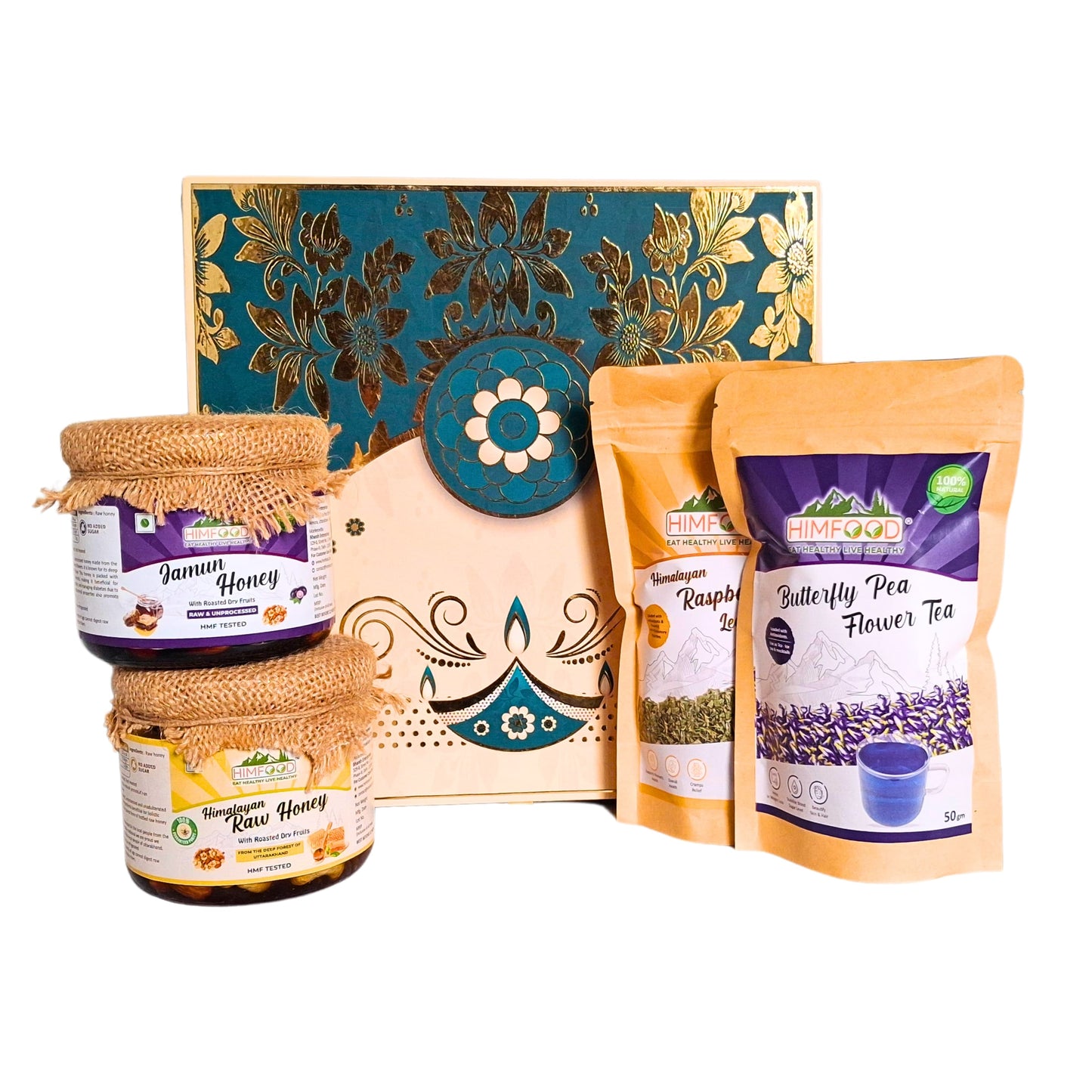 Premium Diwali Gifts | Dry fruits dipped in Organic multi floral raw honey & jamun flower honey | green tea