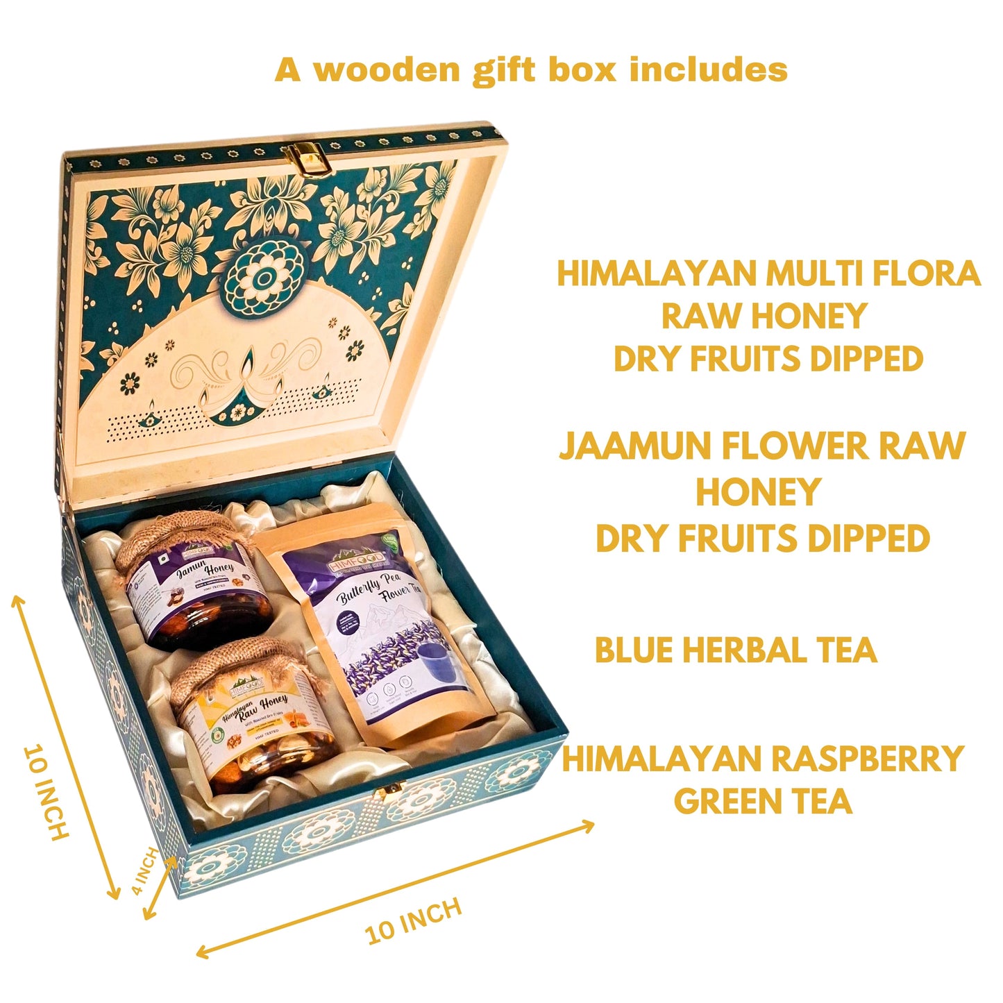 Premium Diwali Gifts | Dry fruits dipped in Organic multi floral raw honey & jamun flower honey | green tea