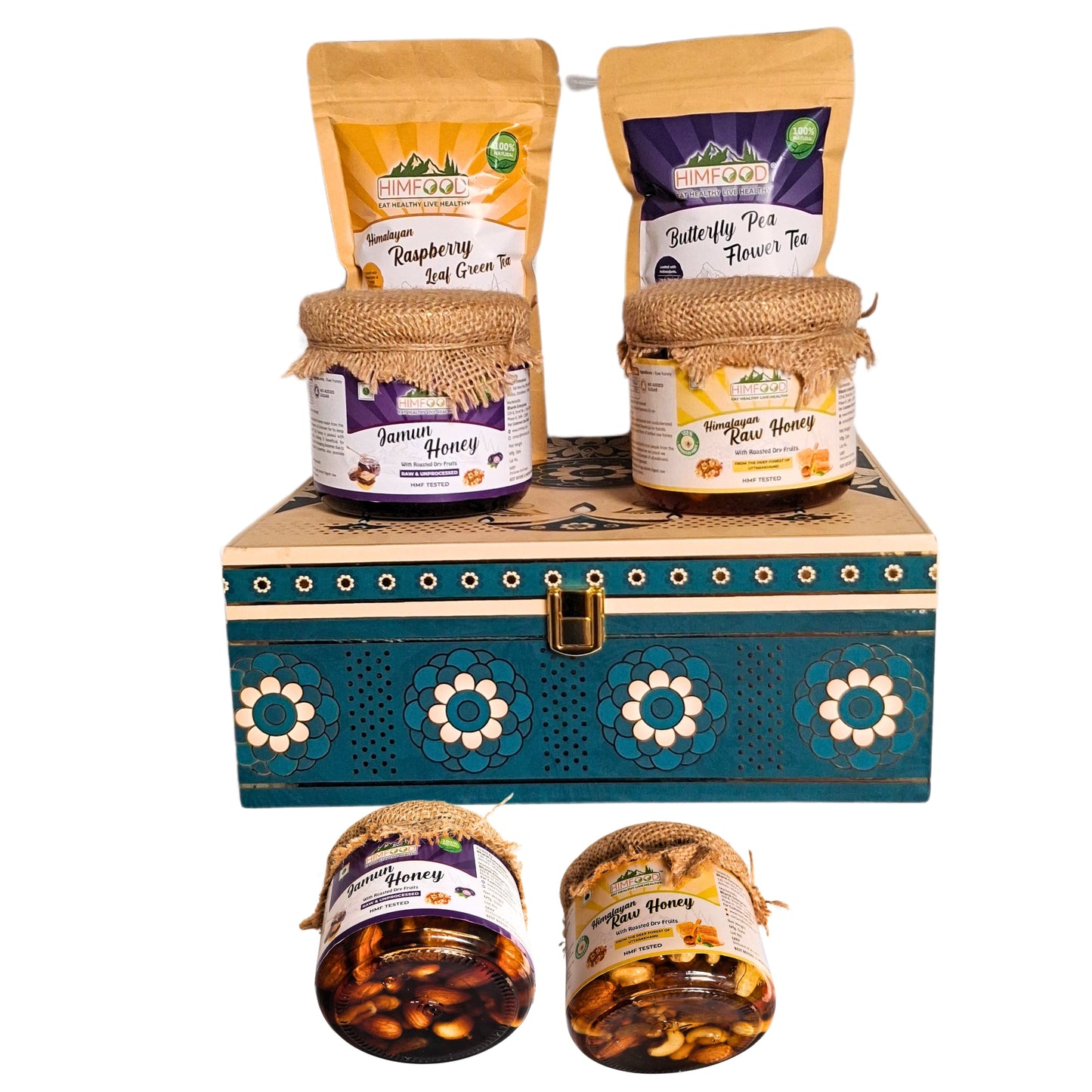 Premium Diwali Gifts | Dry fruits dipped in Organic multi floral raw honey & jamun flower honey | green tea