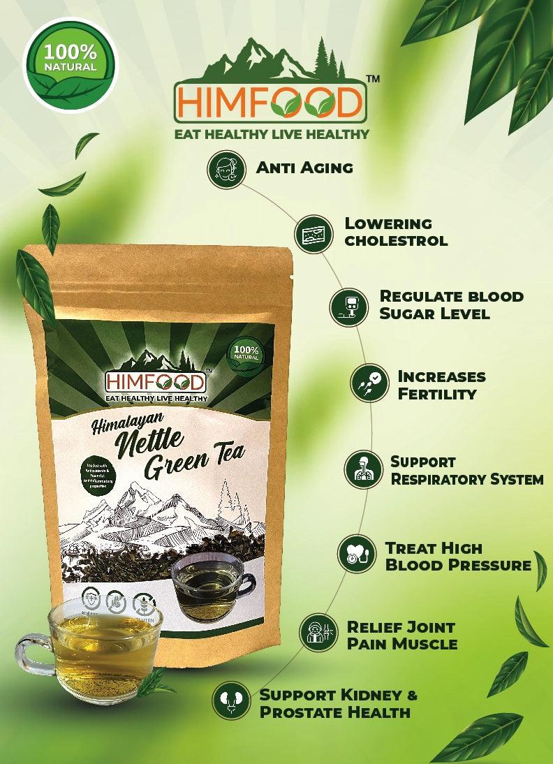 Himfood Himalayan Nettle leaf green tea helps with body & kidney detox-control blood sugar-healthy prostate-Raising Hemoglobin, Caffeine Free green Tea | 50x2 grams