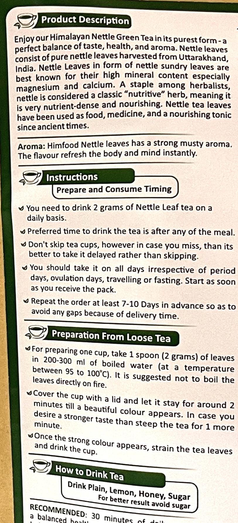 Himfood Himalayan Nettle leaf green tea helps with body & kidney detox-control blood sugar-healthy prostate-Raising Hemoglobin, Caffeine Free green Tea | 50x2 grams